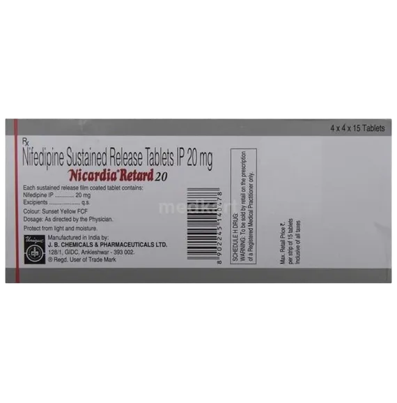 nicardia 20mg retard tablet 15's
